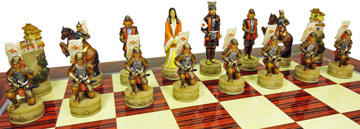 Japanese Samurai Warrior Chess Set W/ 17" HIGH GLOSS CHERRY COLOR BOARD