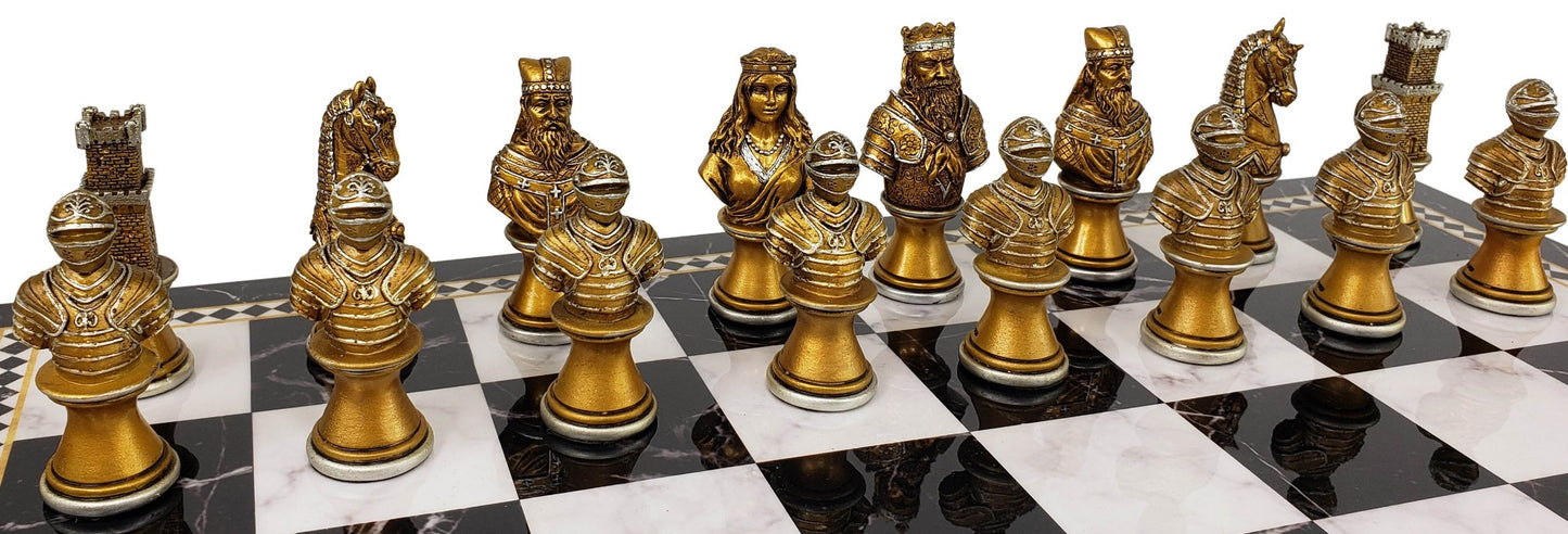 Medieval Times Crusades Gold & Silver Busts Chess Set Black Faux Marble Storage Board