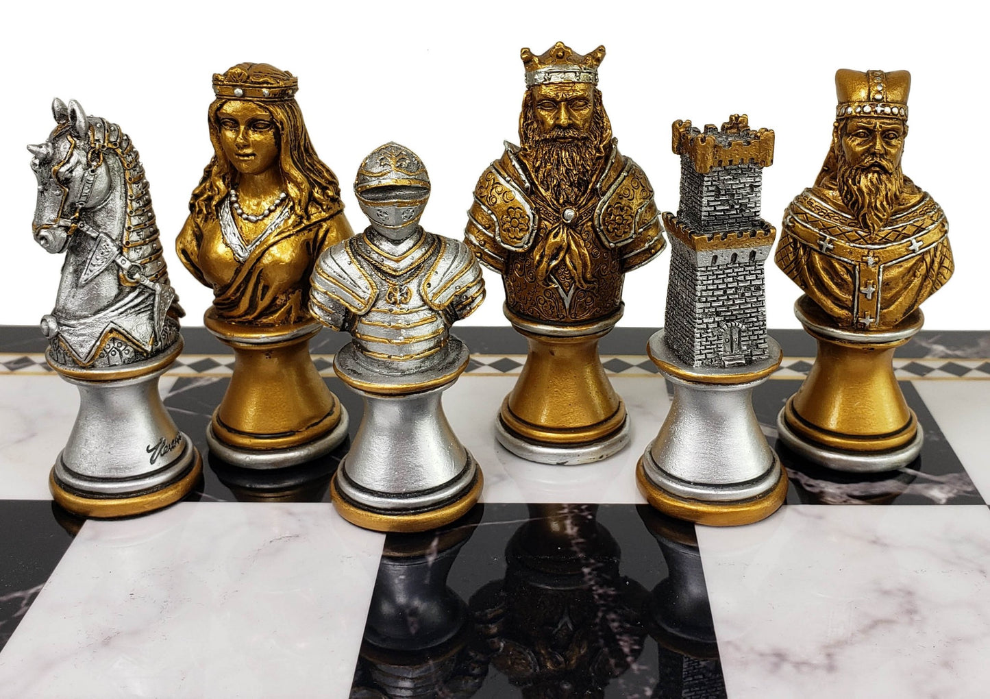 Medieval Times Crusades Gold & Silver Busts Chess Set Black Faux Marble Storage Board