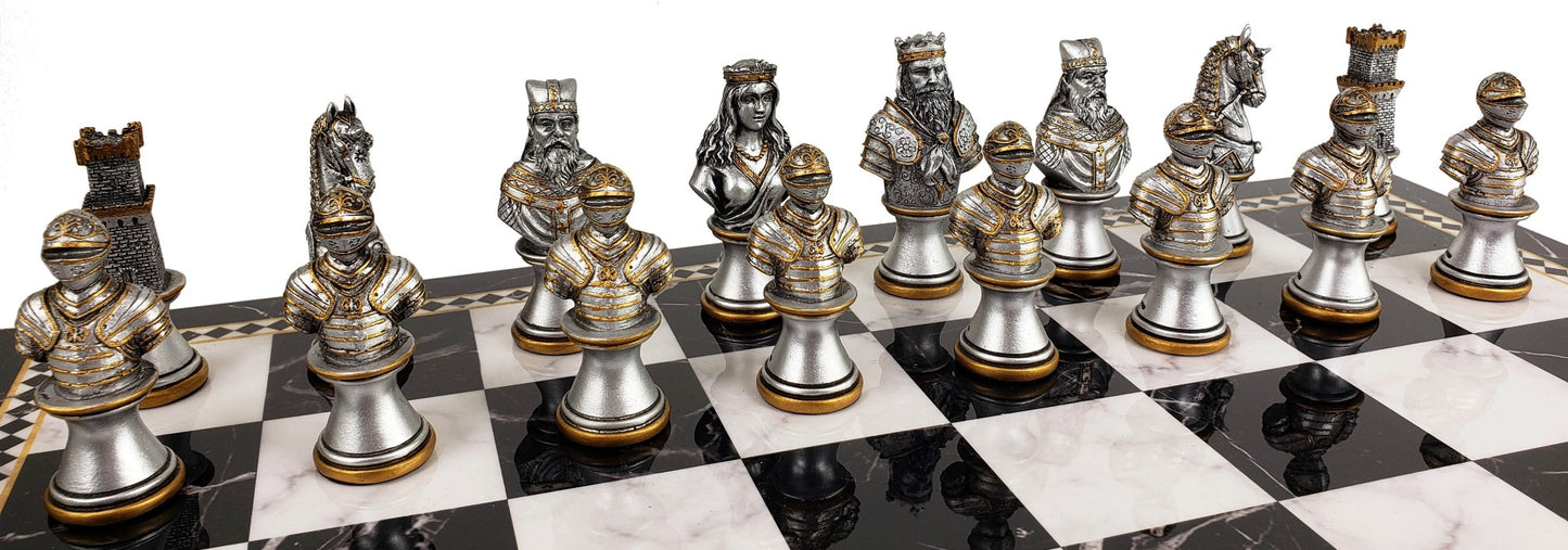 Medieval Times Crusades Gold & Silver Busts Chess Set Black Faux Marble Storage Board