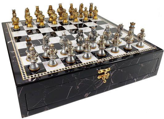 Medieval Times Crusades Gold & Silver Busts Chess Set Black Faux Marble Storage Board