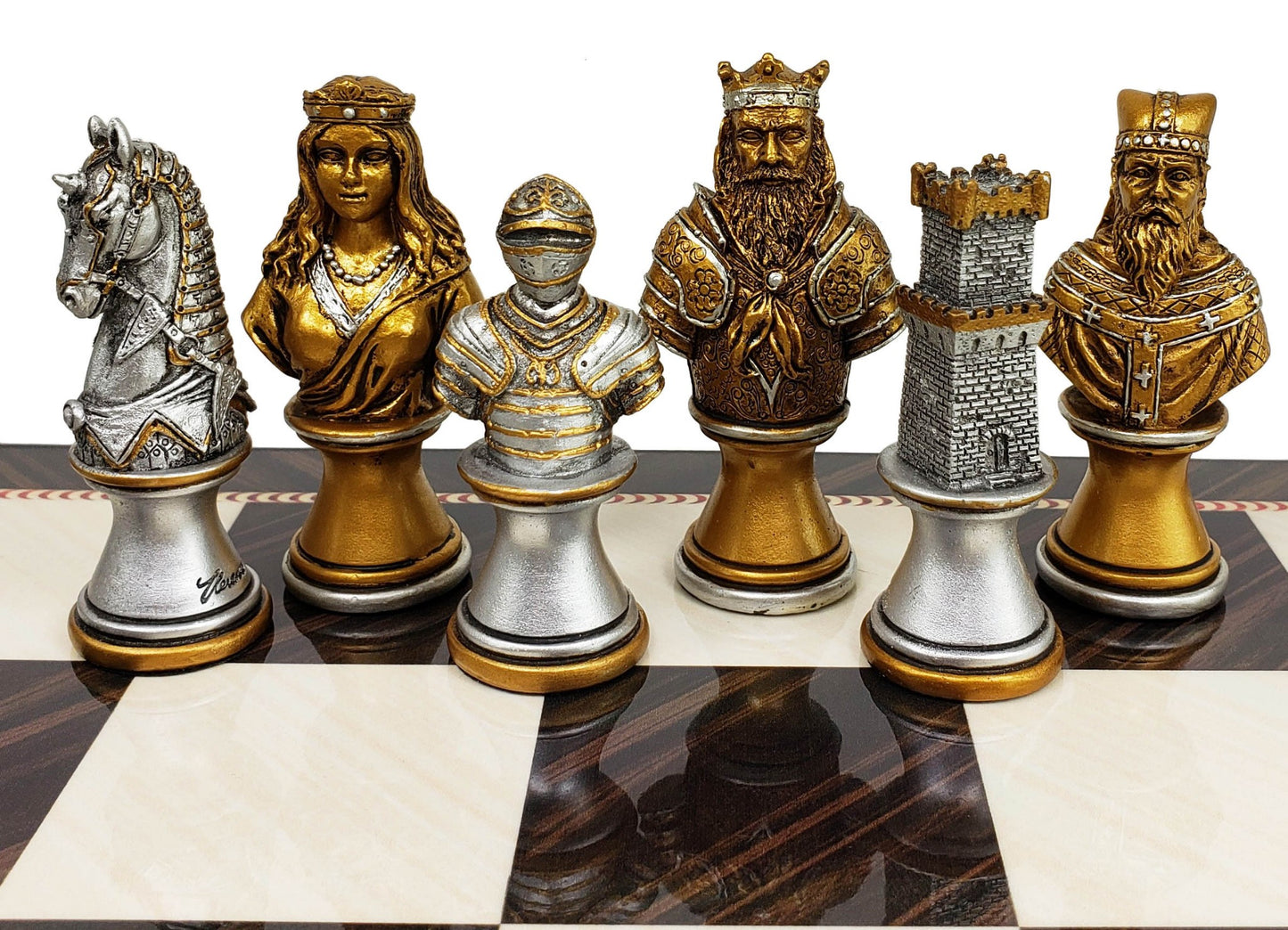 Medieval Times CRUSADE Gold Silver Busts CHESS Set W / 17" Elegance Board