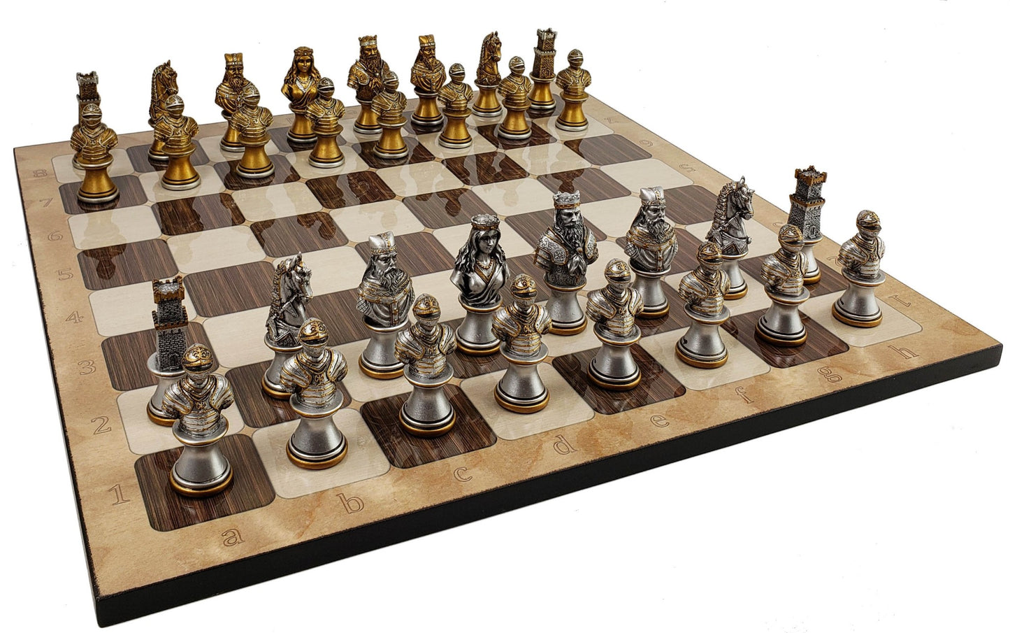 Medieval Times CRUSADE Gold Silver Busts CHESS Set W / 17" Rustic Color Board