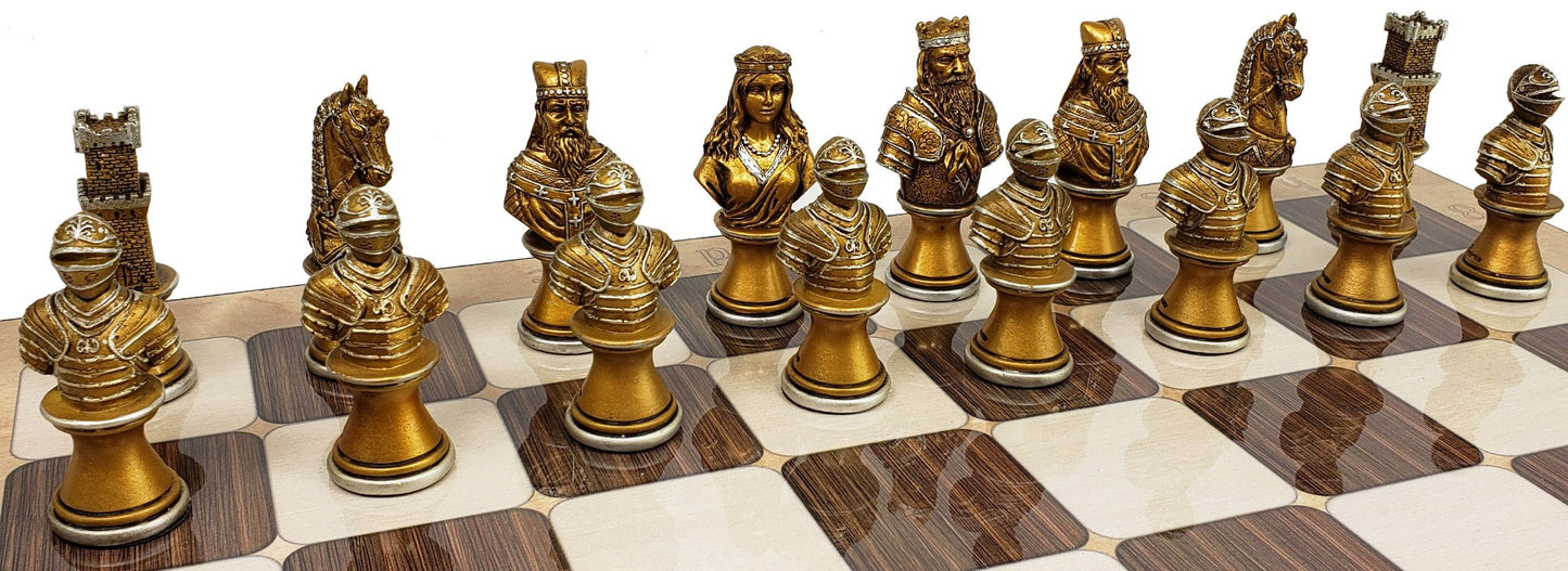 Medieval Times CRUSADE Gold Silver Busts CHESS Set W / 17" Rustic Color Board