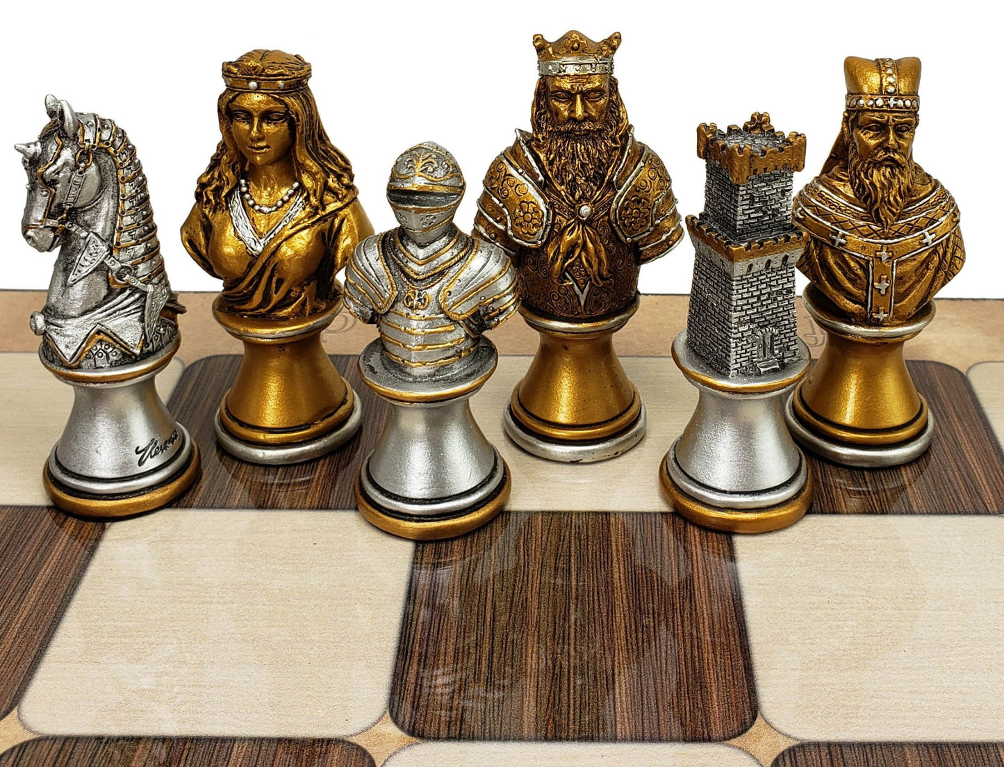 Medieval Times CRUSADE Gold Silver Busts CHESS Set W / 17" Rustic Color Board