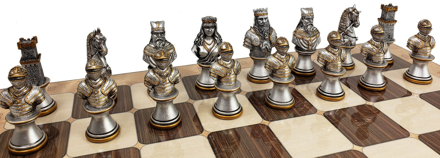 Medieval Times CRUSADE Gold Silver Busts CHESS Set W / 17" Rustic Color Board