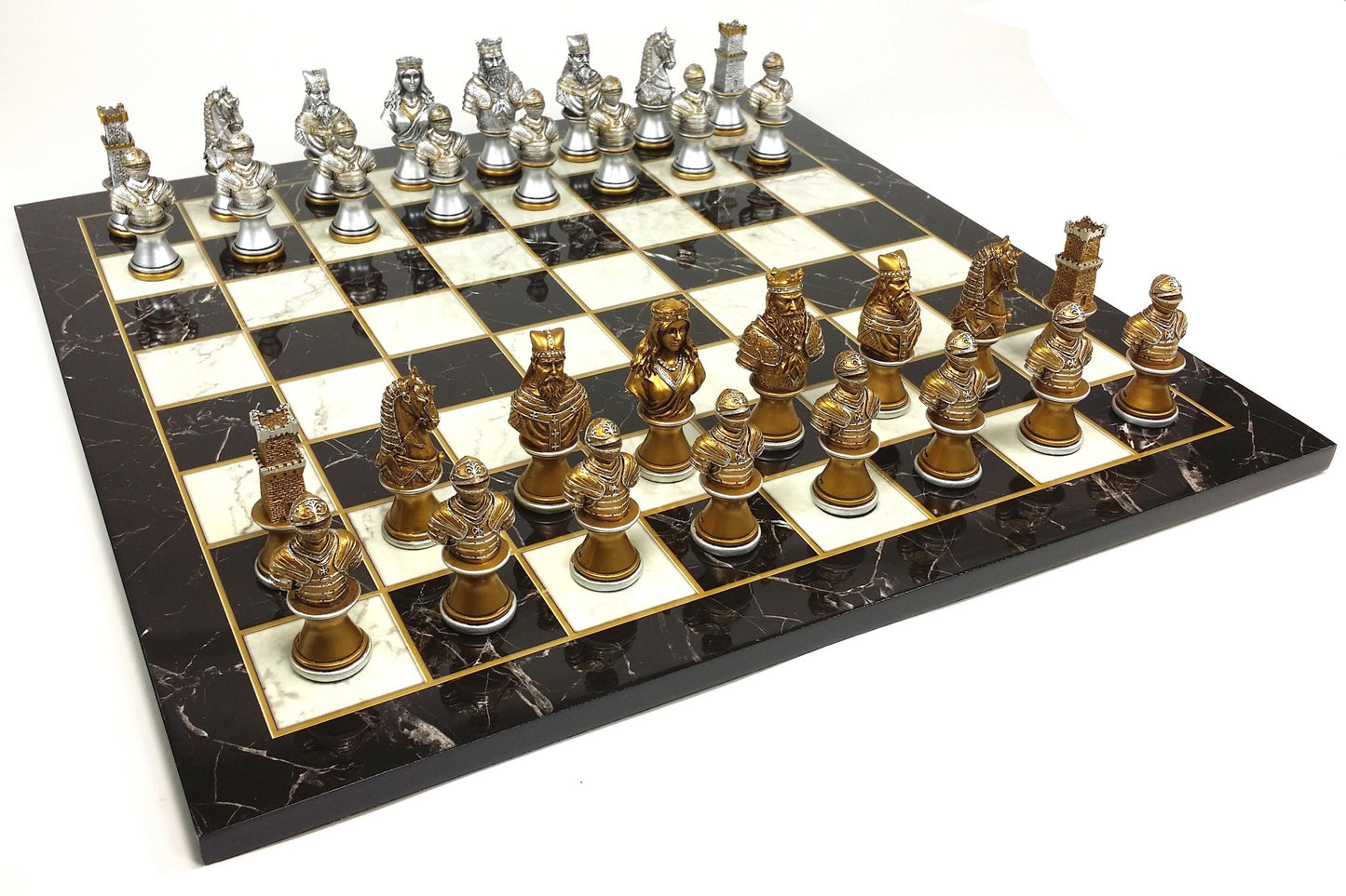 Medieval Times CRUSADE Gold Silver Busts Chess Set Black White Faux Marble Board