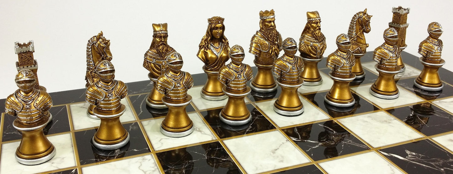 Medieval Times CRUSADE Gold Silver Busts Chess Set Black White Faux Marble Board