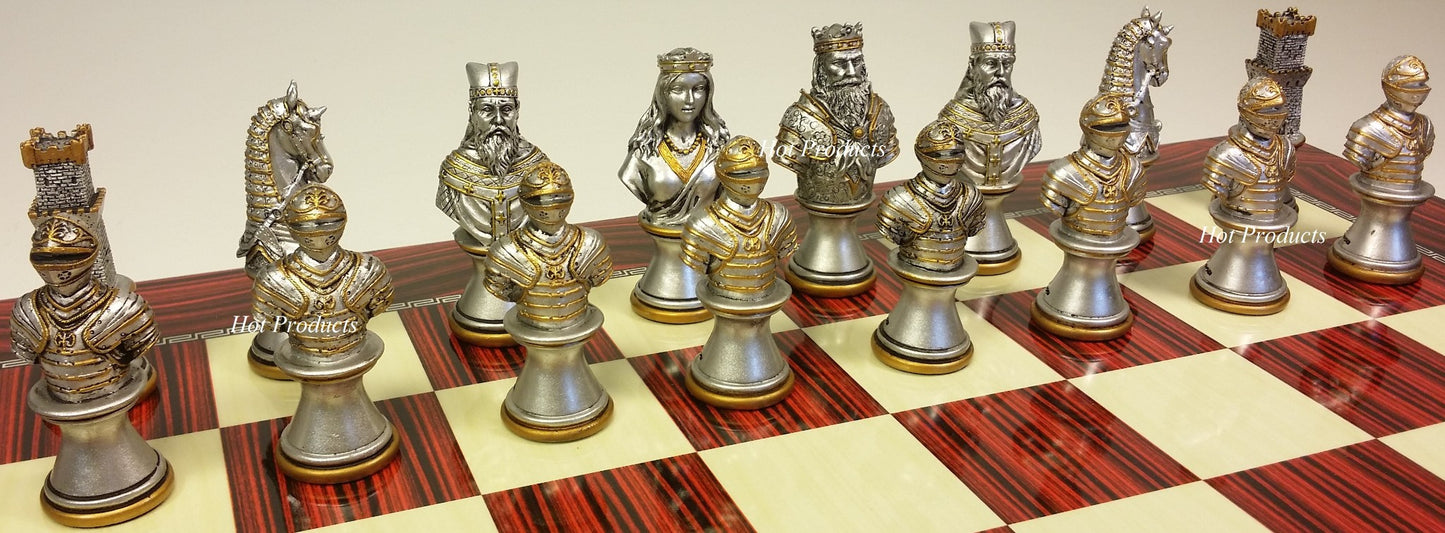 Medieval Times Crusades Gold Silver Busts CHESS Set W / 17" Cherry Color Board