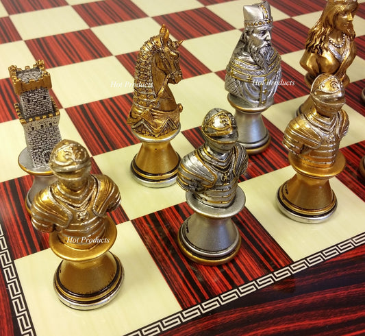 Medieval Times Crusades Gold Silver Busts CHESS Set W / 17" Cherry Color Board