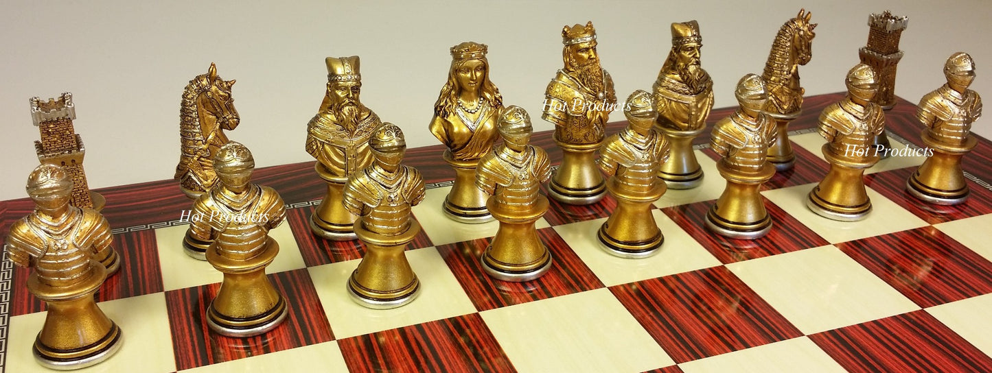 Medieval Times Crusades Gold Silver Busts CHESS Set W / 17" Cherry Color Board