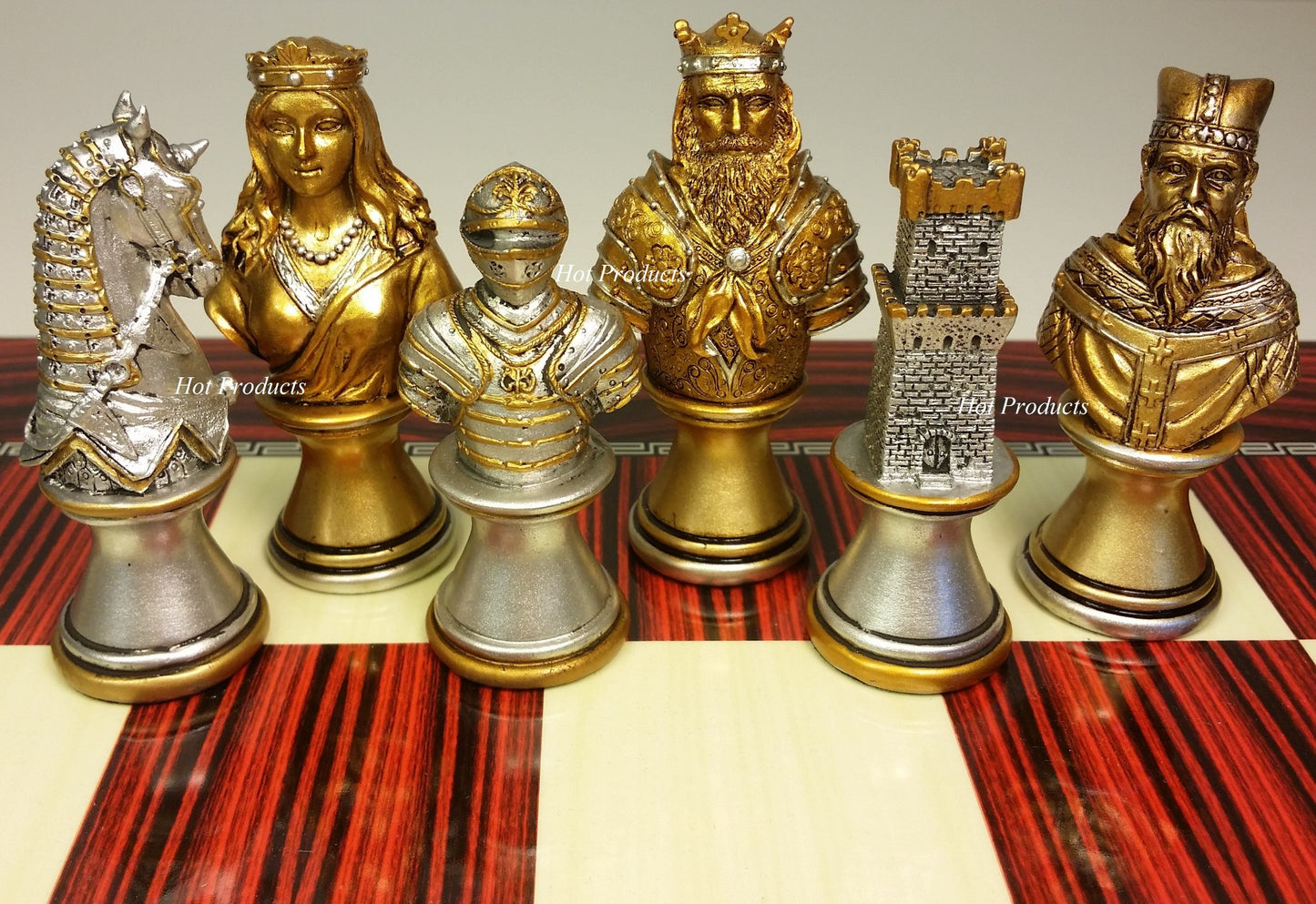 Medieval Times Crusades Gold Silver Busts CHESS Set W / 17" Cherry Color Board