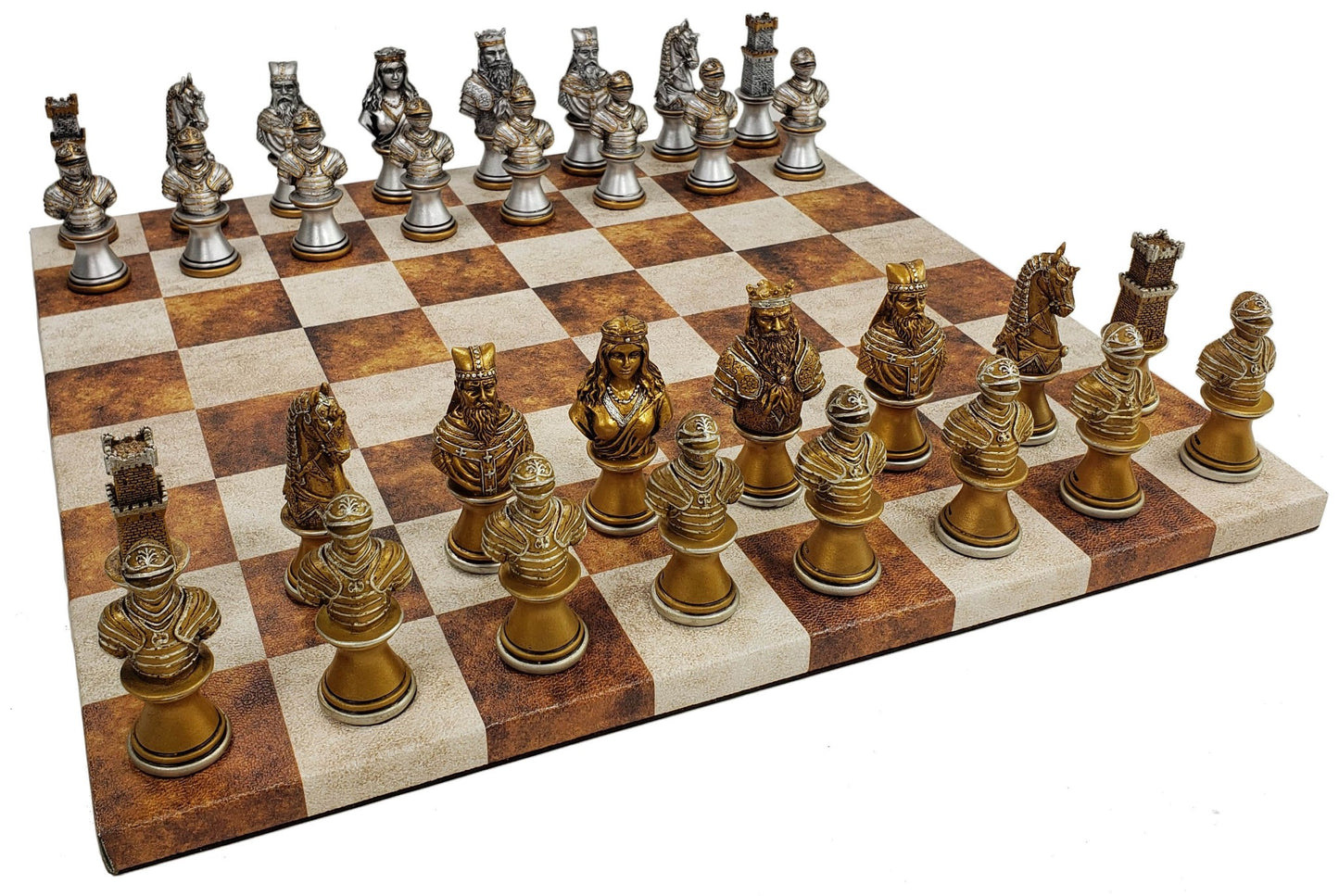 Medieval Times CRUSADE Gold Silver Busts CHESS Set w14.5 Caramel Faux Leather Bd