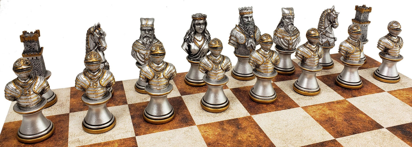 Medieval Times CRUSADE Gold Silver Busts CHESS Set w14.5 Caramel Faux Leather Bd