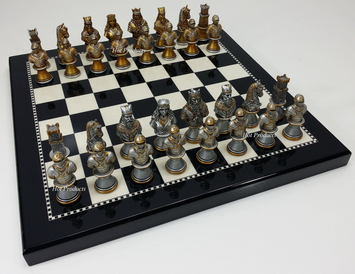 Medieval Times Crusades Gold & Silver Busts Chess Set W/ 15" Black & White Board