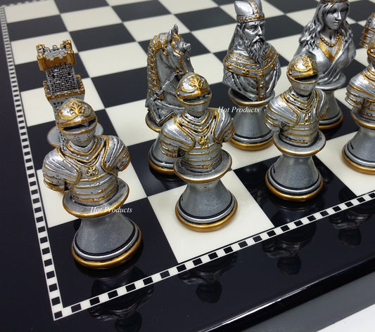 Medieval Times Crusades Gold & Silver Busts Chess Set W/ 15" Black & White Board