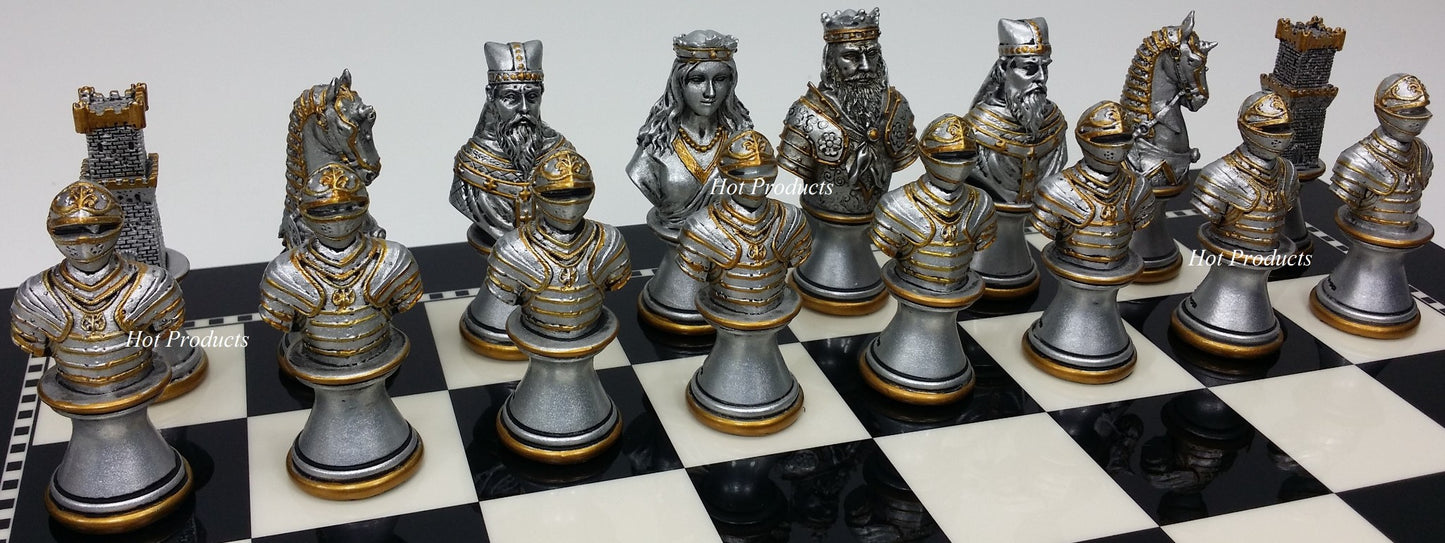 Medieval Times Crusades Gold & Silver Busts Chess Set W/ 15" Black & White Board