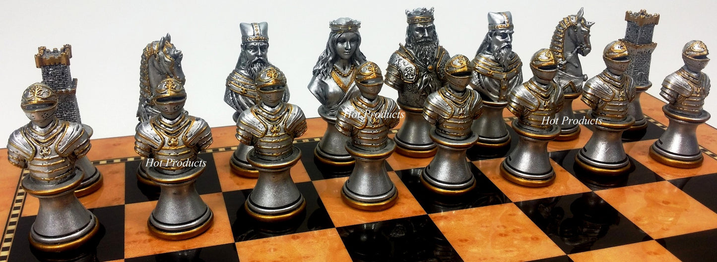 Medieval Times Crusades Gold & Silver Busts Chess Set W Walnut Color Storage Board