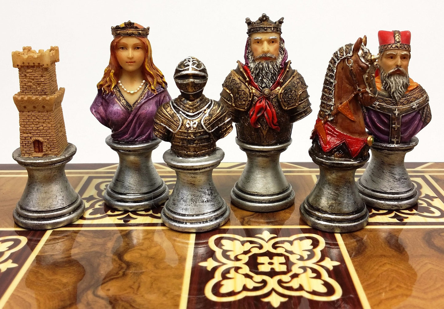 Medieval Times Crusade Painted Busts Knight Chess Set 17" Burlwood Color Board