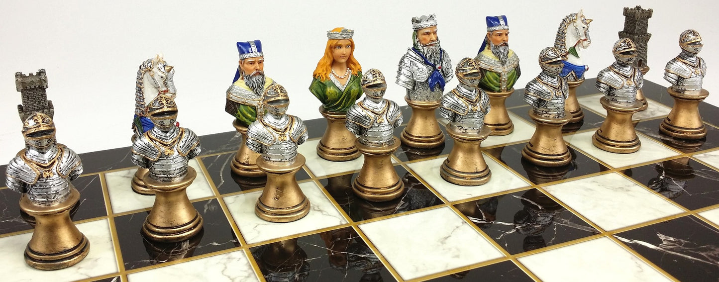 Medieval Times Crusade Busts Painted Chess Set 17" Black White Faux Marble Board