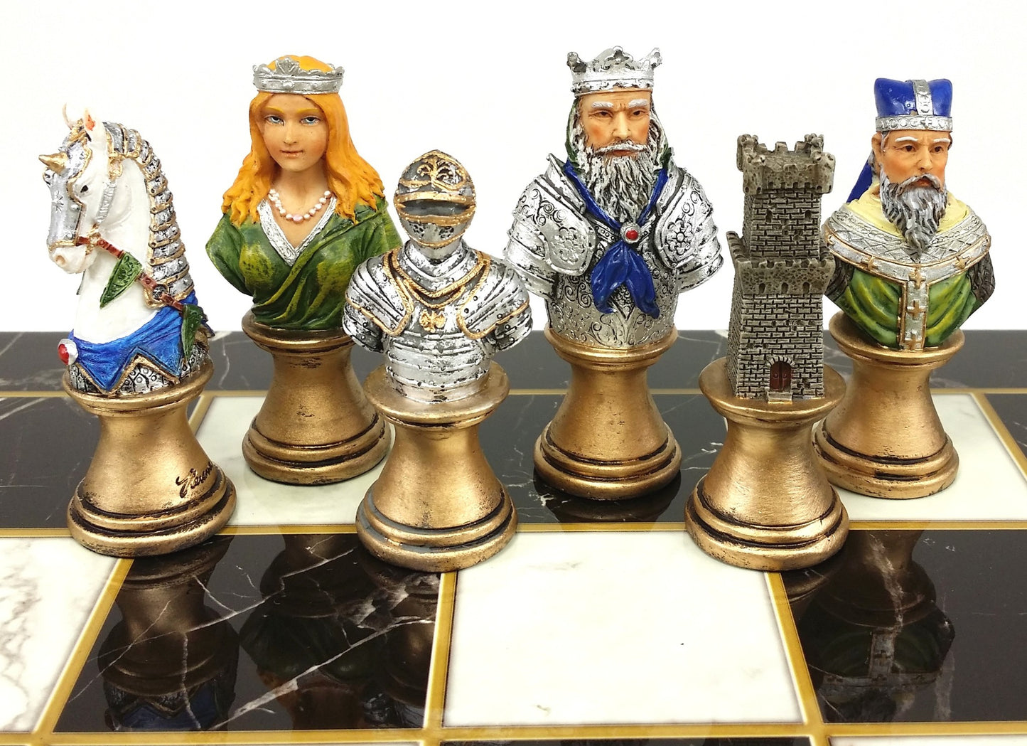 Medieval Times Crusade Busts Painted Chess Set 17" Black White Faux Marble Board