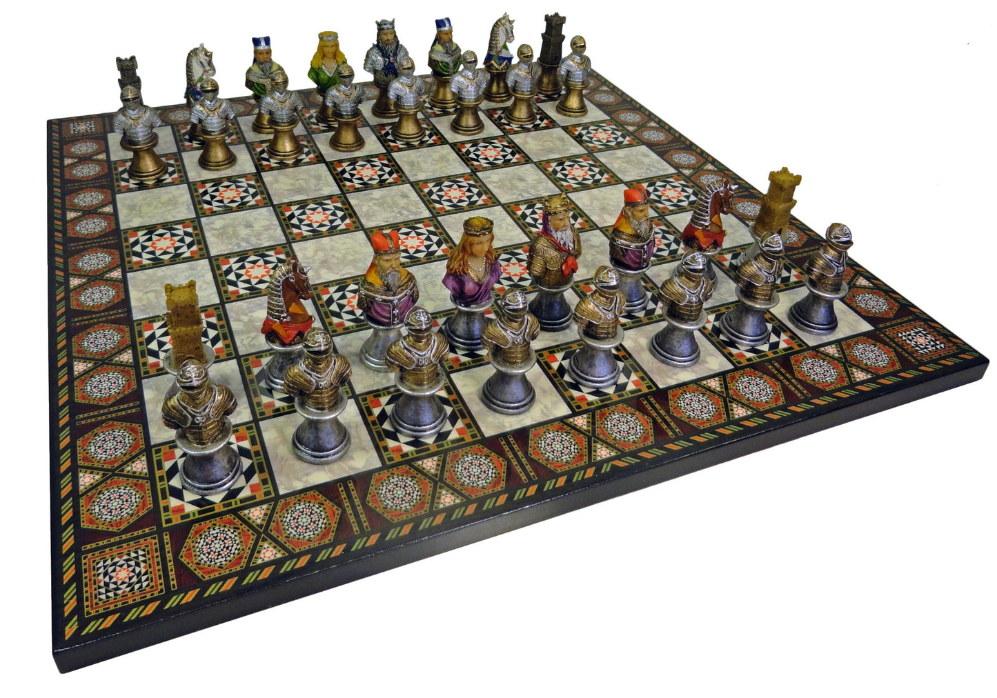 Medieval Times Crusades KNIGHT Busts PAINTED Chess Set W 17" Mosaic DESIGN Board