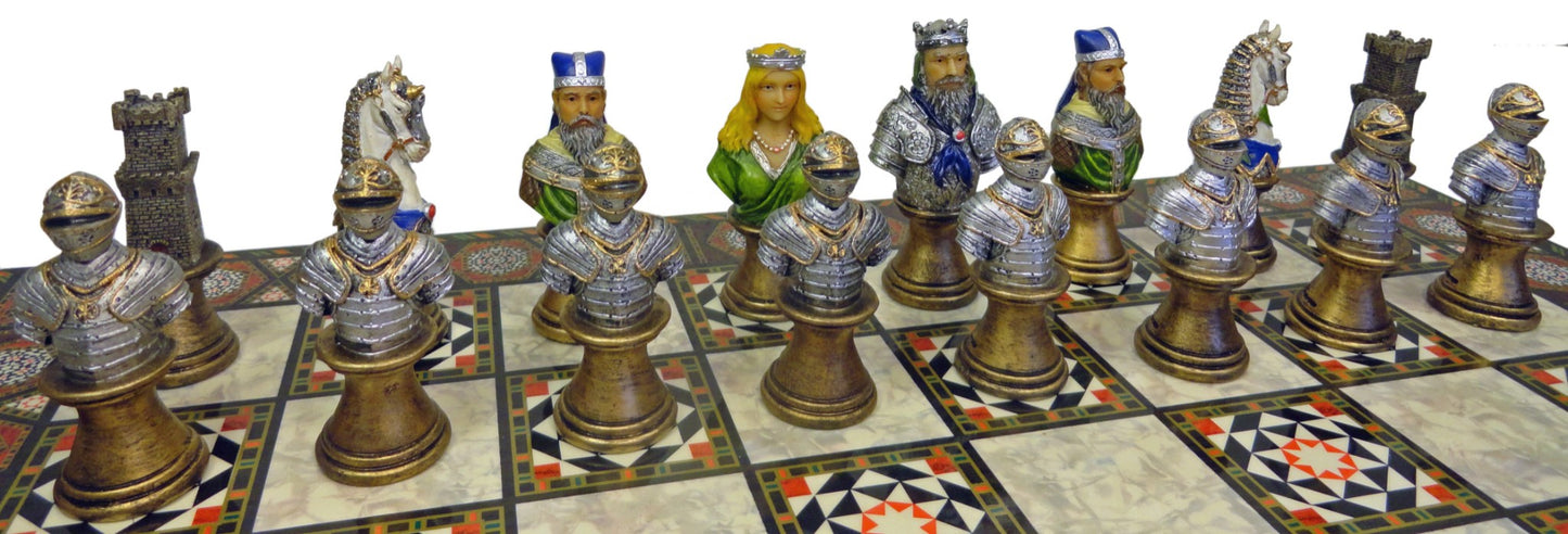 Medieval Times Crusades KNIGHT Busts PAINTED Chess Set W 17" Mosaic DESIGN Board