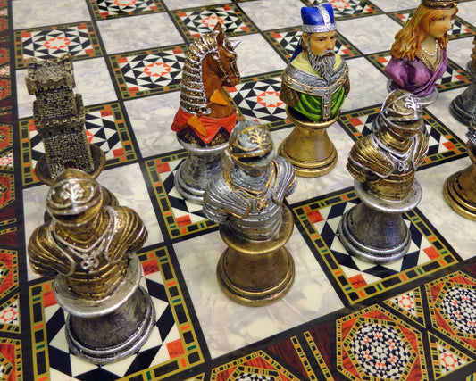 Medieval Times Crusades KNIGHT Busts PAINTED Chess Set W 17" Mosaic DESIGN Board