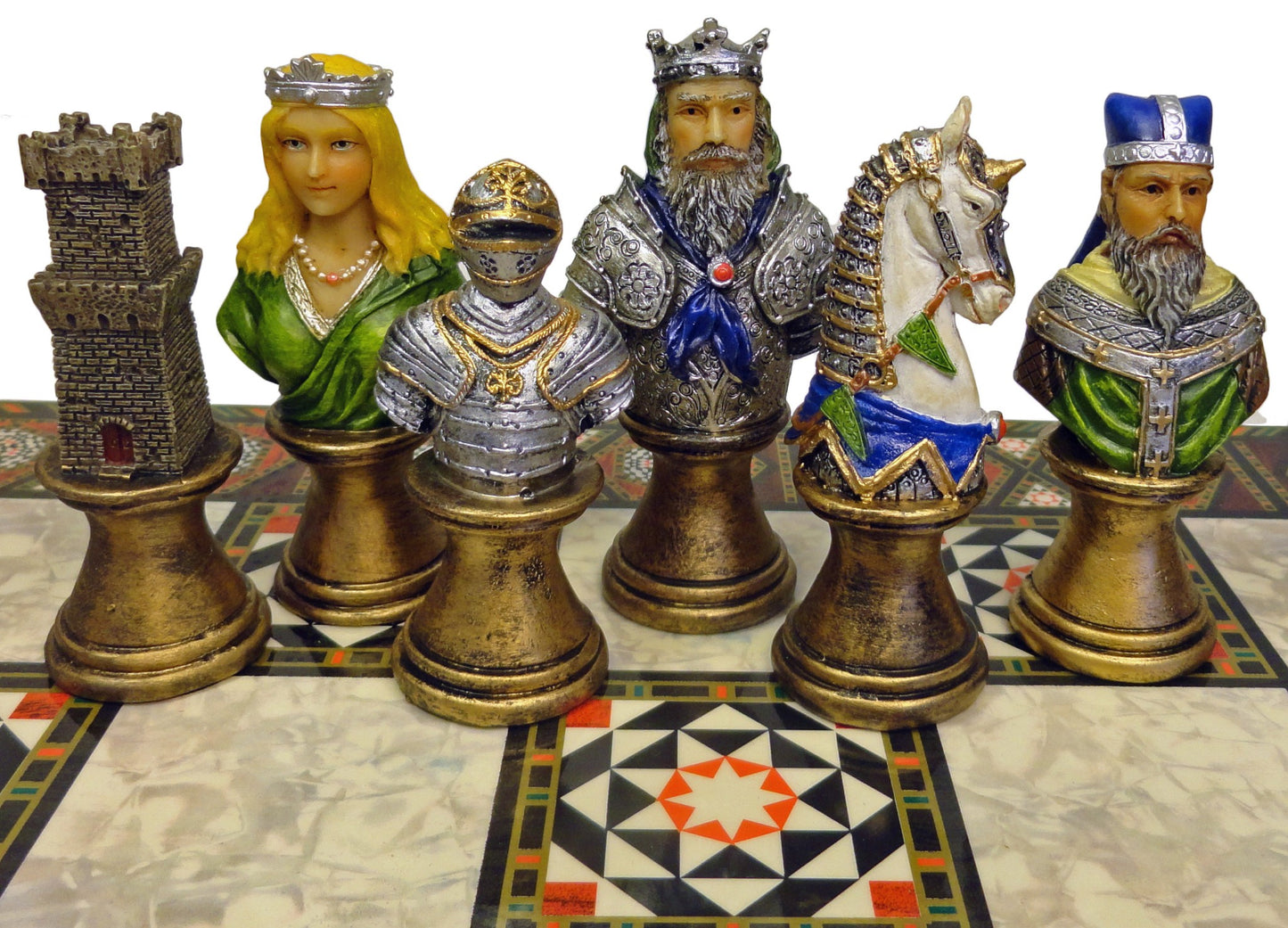 Medieval Times Crusades KNIGHT Busts PAINTED Chess Set W 17" Mosaic DESIGN Board