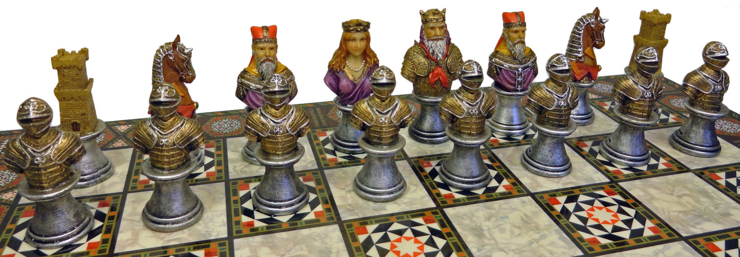 Medieval Times Crusades KNIGHT Busts PAINTED Chess Set W 17" Mosaic DESIGN Board