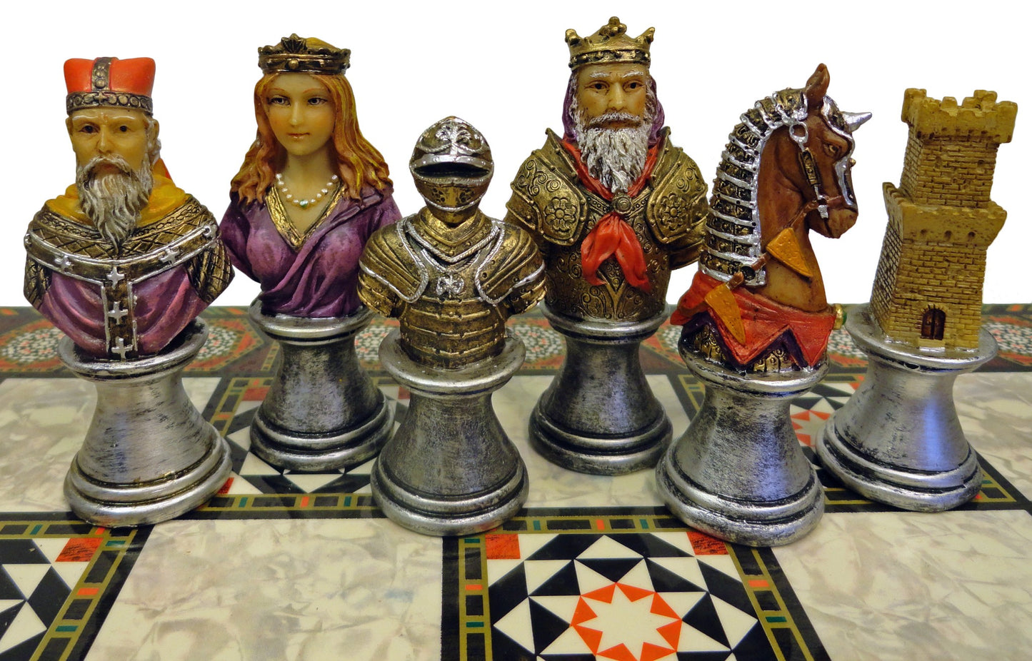 Medieval Times Crusades KNIGHT Busts PAINTED Chess Set W 17" Mosaic DESIGN Board