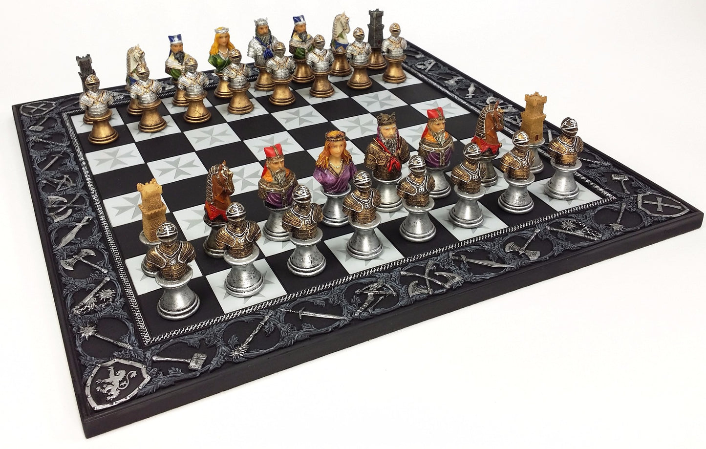 Medieval Times Crusades Painted Busts Knight Chess Set W/ 17" Maltese Board