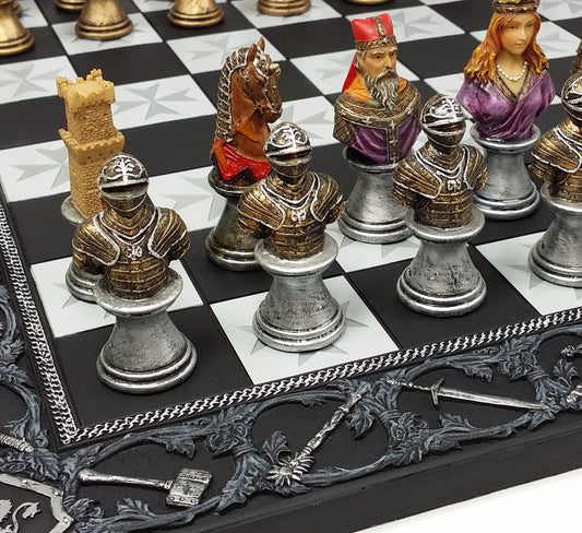 Medieval Times Crusades Painted Busts Knight Chess Set W/ 17" Maltese Board