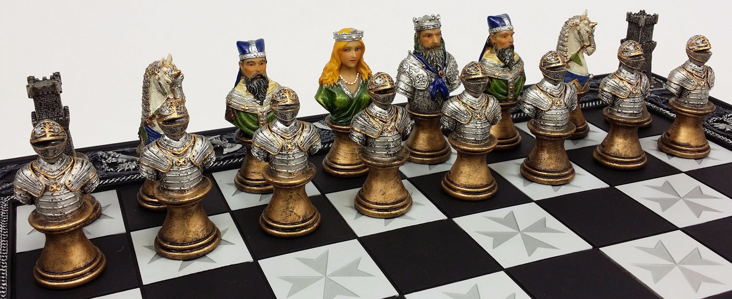 Medieval Times Crusades Painted Busts Knight Chess Set W/ 17" Maltese Board