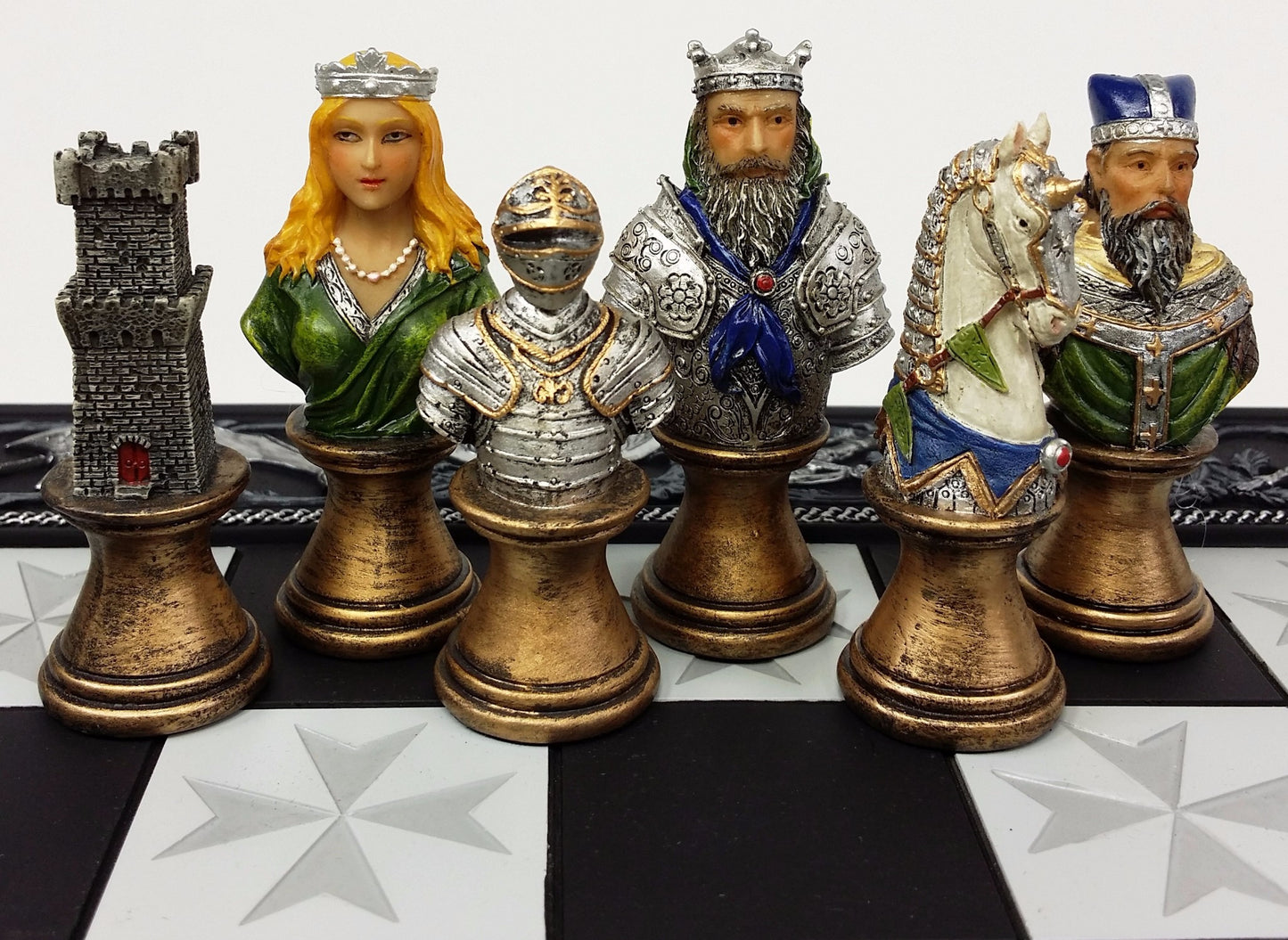 Medieval Times Crusades Painted Busts Knight Chess Set W/ 17" Maltese Board