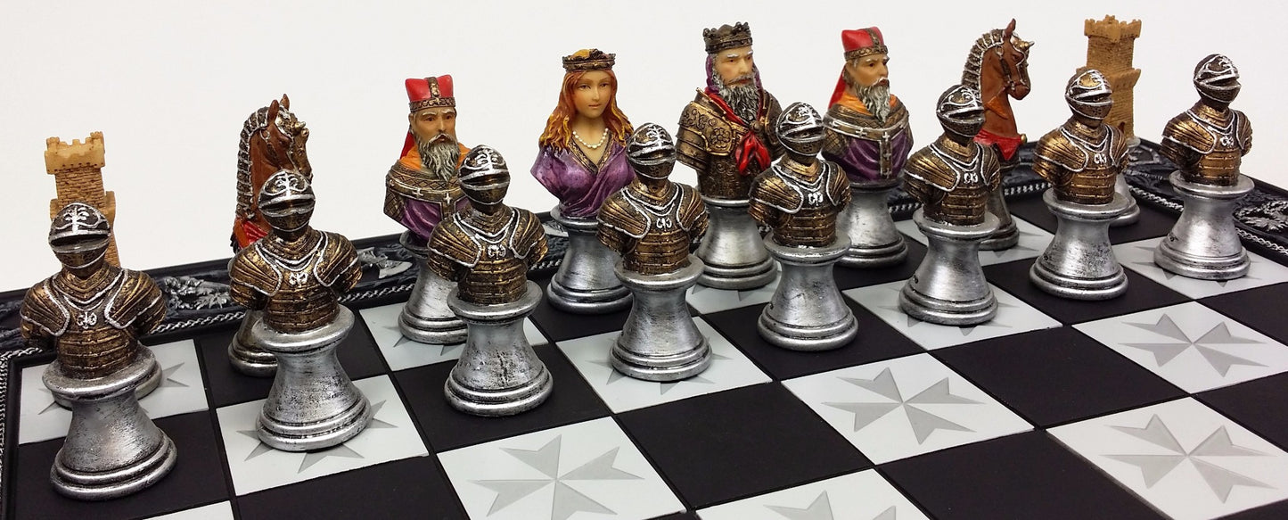 Medieval Times Crusades Painted Busts Knight Chess Set W/ 17" Maltese Board