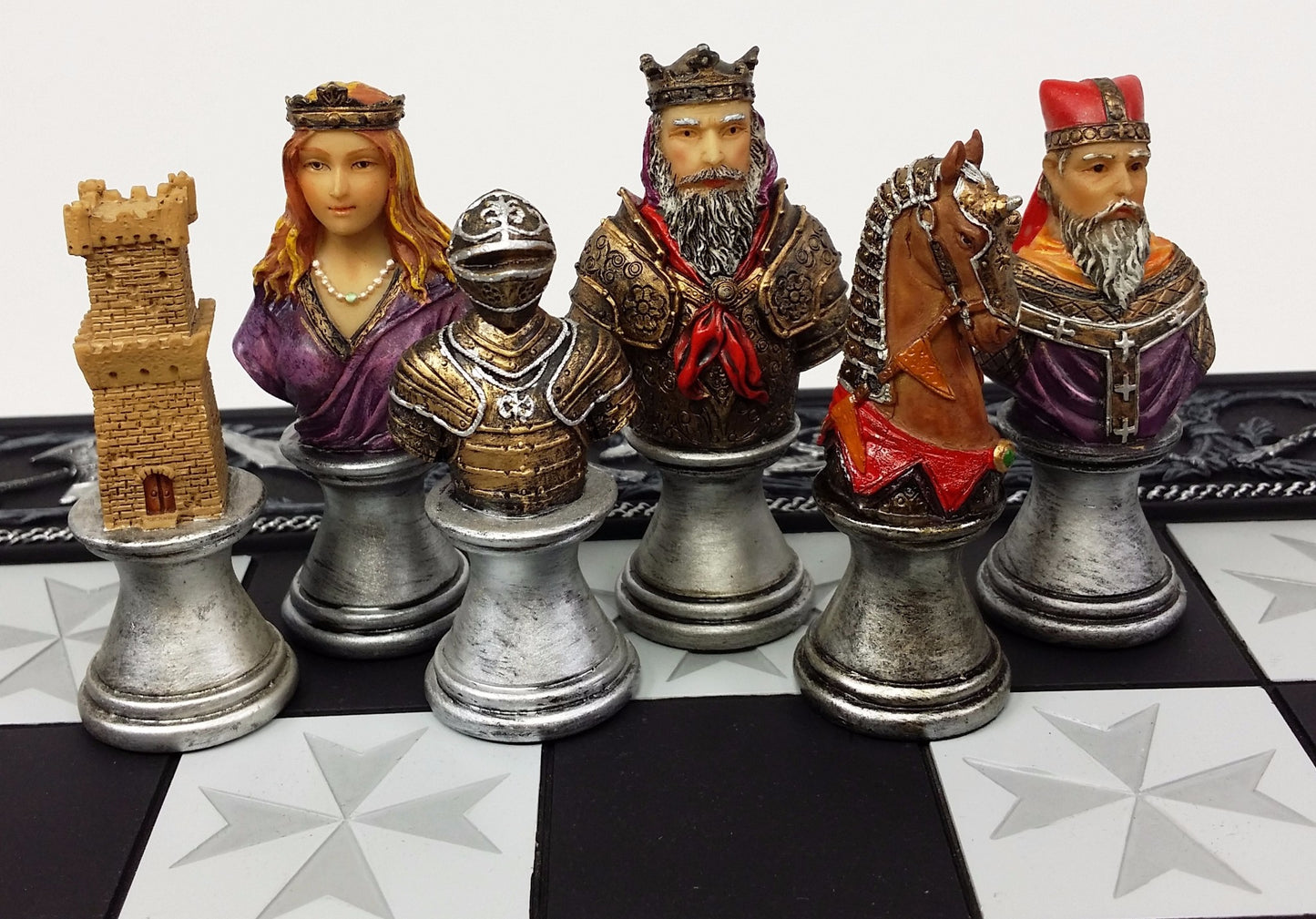 Medieval Times Crusades Painted Busts Knight Chess Set W/ 17" Maltese Board