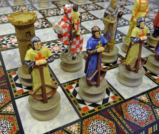Medieval Times Crusades King Richard Knight Chess SET W 17" Mosaic Design Board