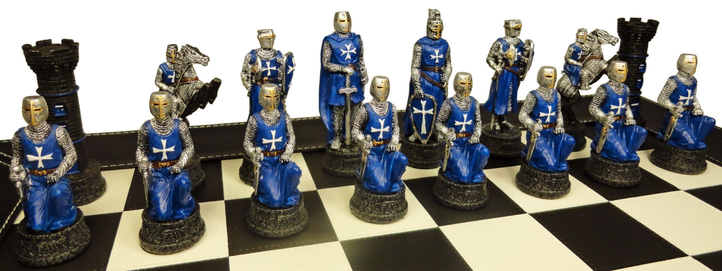 Medieval Times Crusades Red & Blue Maltese Chess Set Black Faux Leather Board