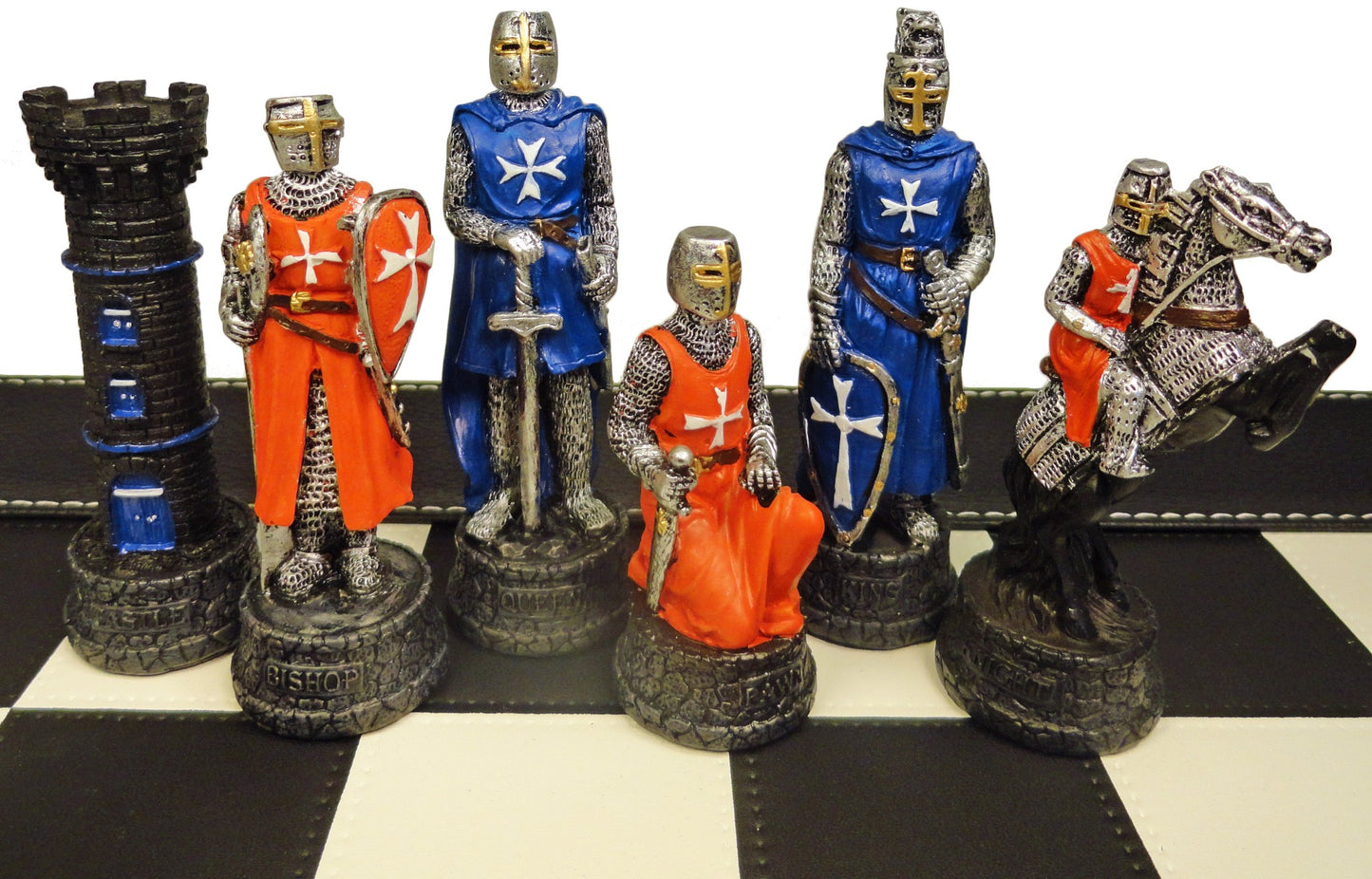 Medieval Times Crusades Red & Blue Maltese Chess Set Black Faux Leather Board