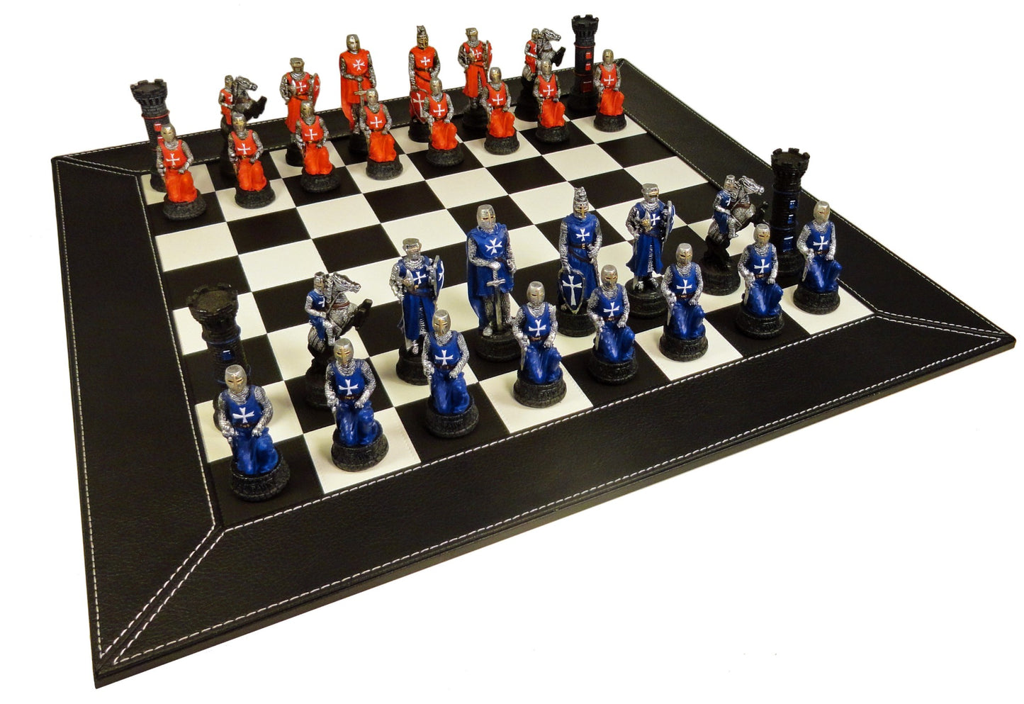 Medieval Times Crusades Red & Blue Maltese Chess Set Black Faux Leather Board