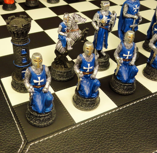 Medieval Times Crusades Red & Blue Maltese Chess Set Black Faux Leather Board