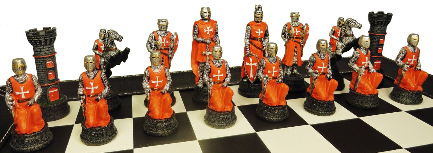 Medieval Times Crusades Red & Blue Maltese Chess Set Black Faux Leather Board