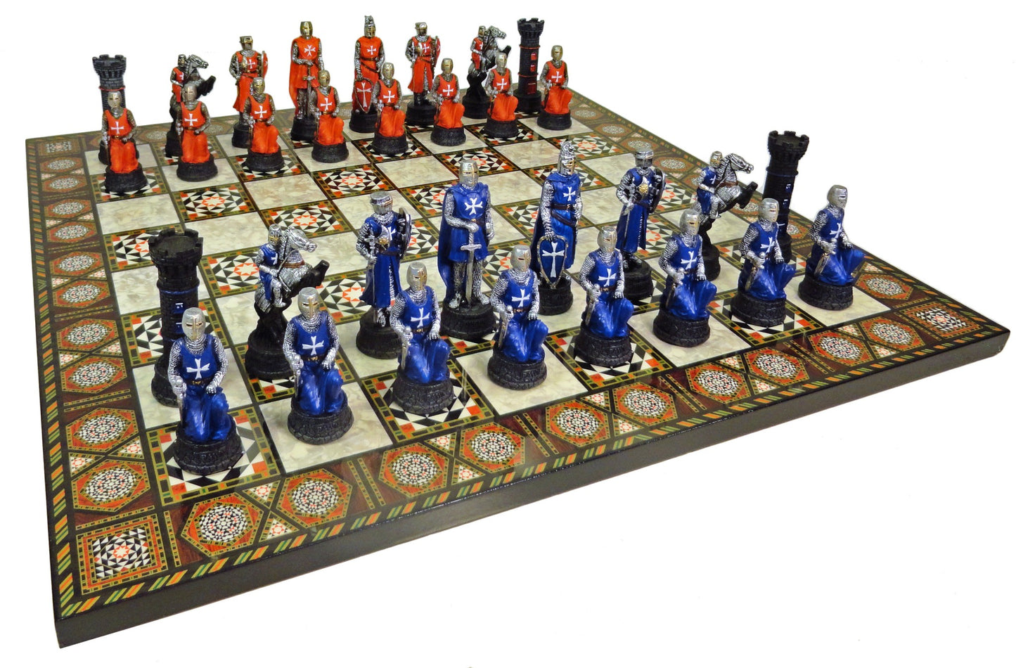 Medieval Times Crusades RED BLUE Maltese Knight Chess Set 17" Mosaic Color Board