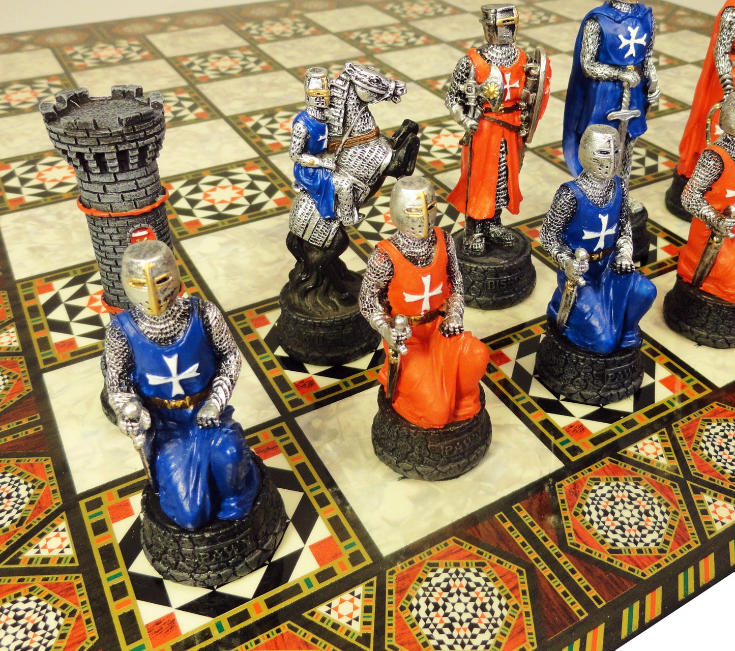 Medieval Times Crusades RED BLUE Maltese Knight Chess Set 17" Mosaic Color Board