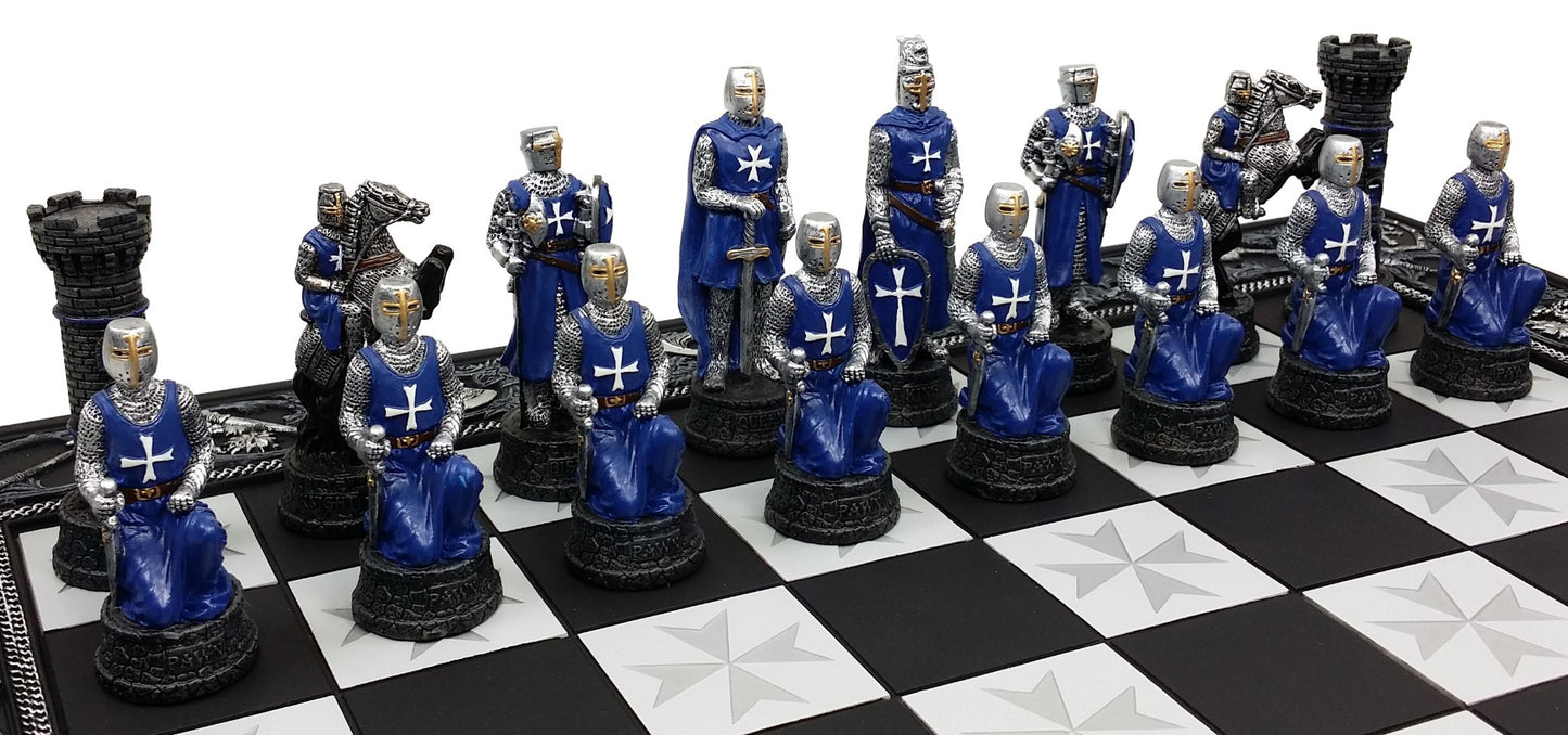 Medieval Times Crusades Blue & Red Armored Maltese Knights Chess Set W 17" Board