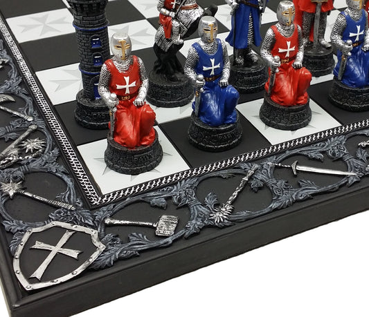 Medieval Times Crusades Blue & Red Armored Maltese Knights Chess Set W 17" Board