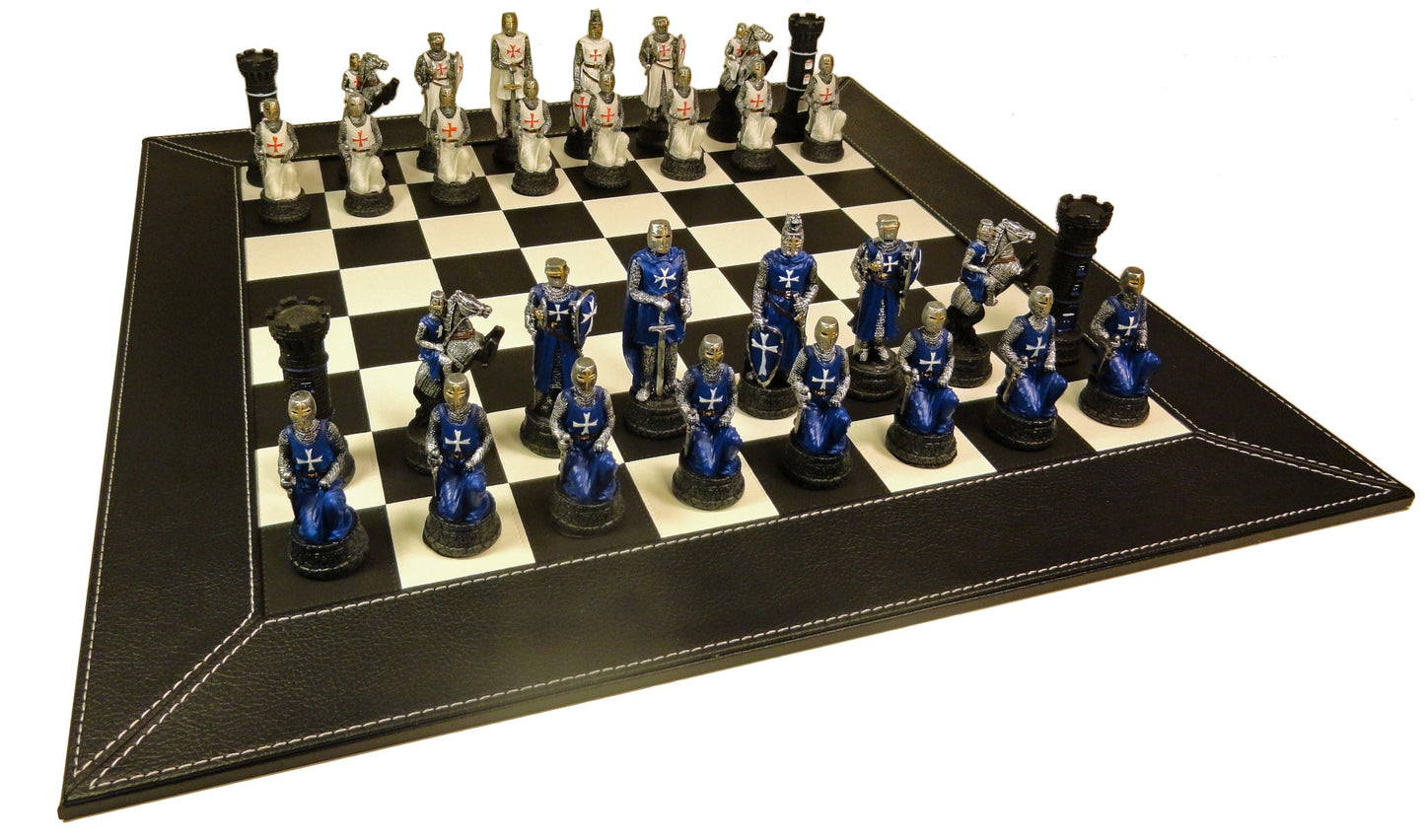 Medieval Times Crusades BLUE & WHITE Maltese Knight Chess Set Faux Leather Board