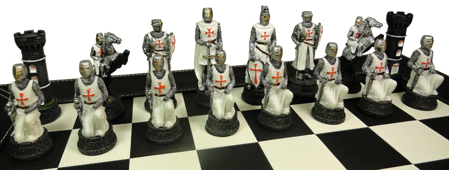 Medieval Times Crusades BLUE & WHITE Maltese Knight Chess Set Faux Leather Board