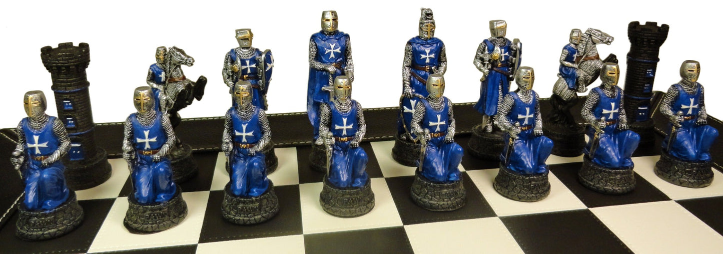 Medieval Times Crusades BLUE & WHITE Maltese Knight Chess Set Faux Leather Board